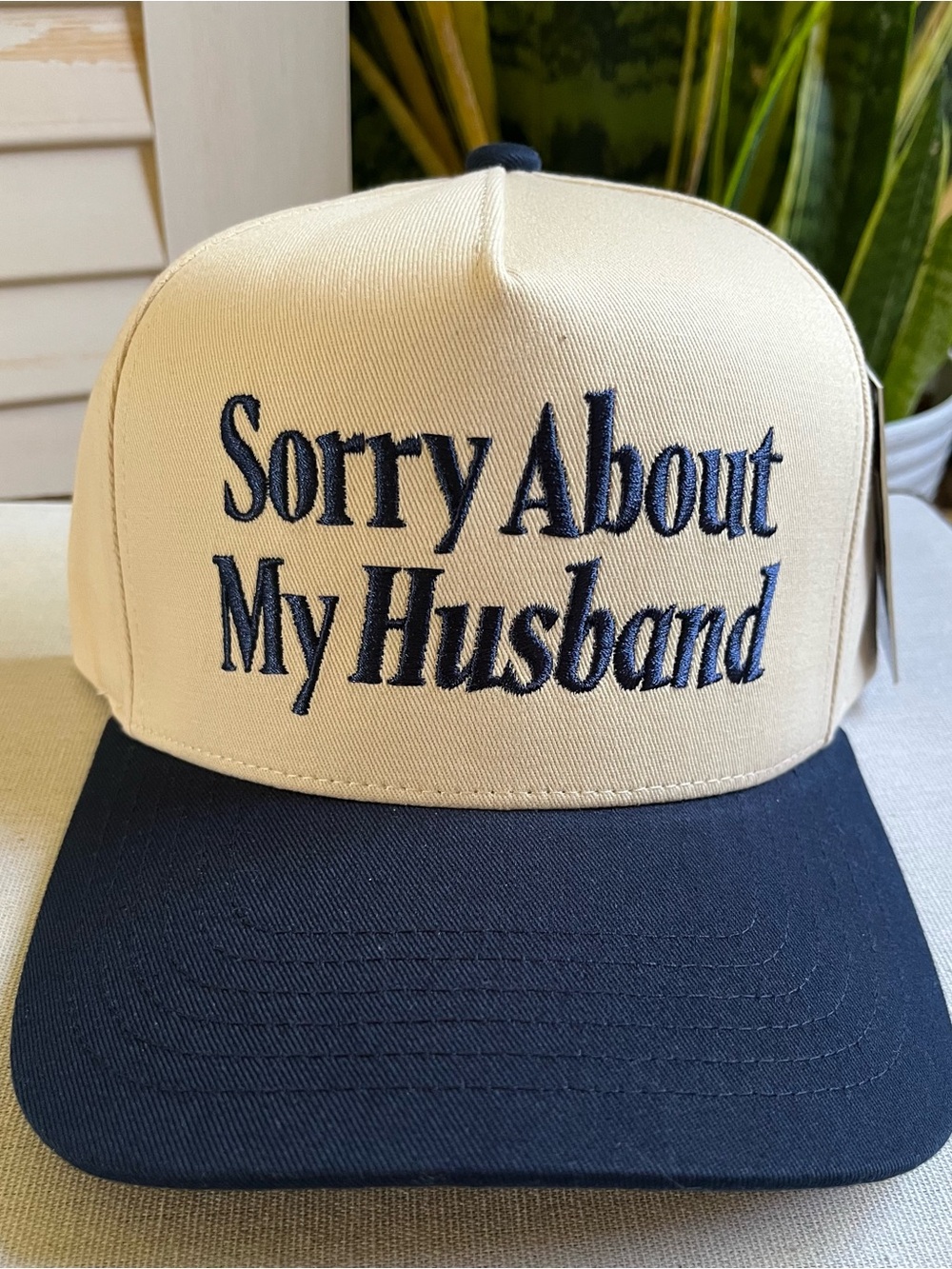 NWT C.C. Embroidered Two Tone Trucker Snap Back Hat “Sorry about my Husband”